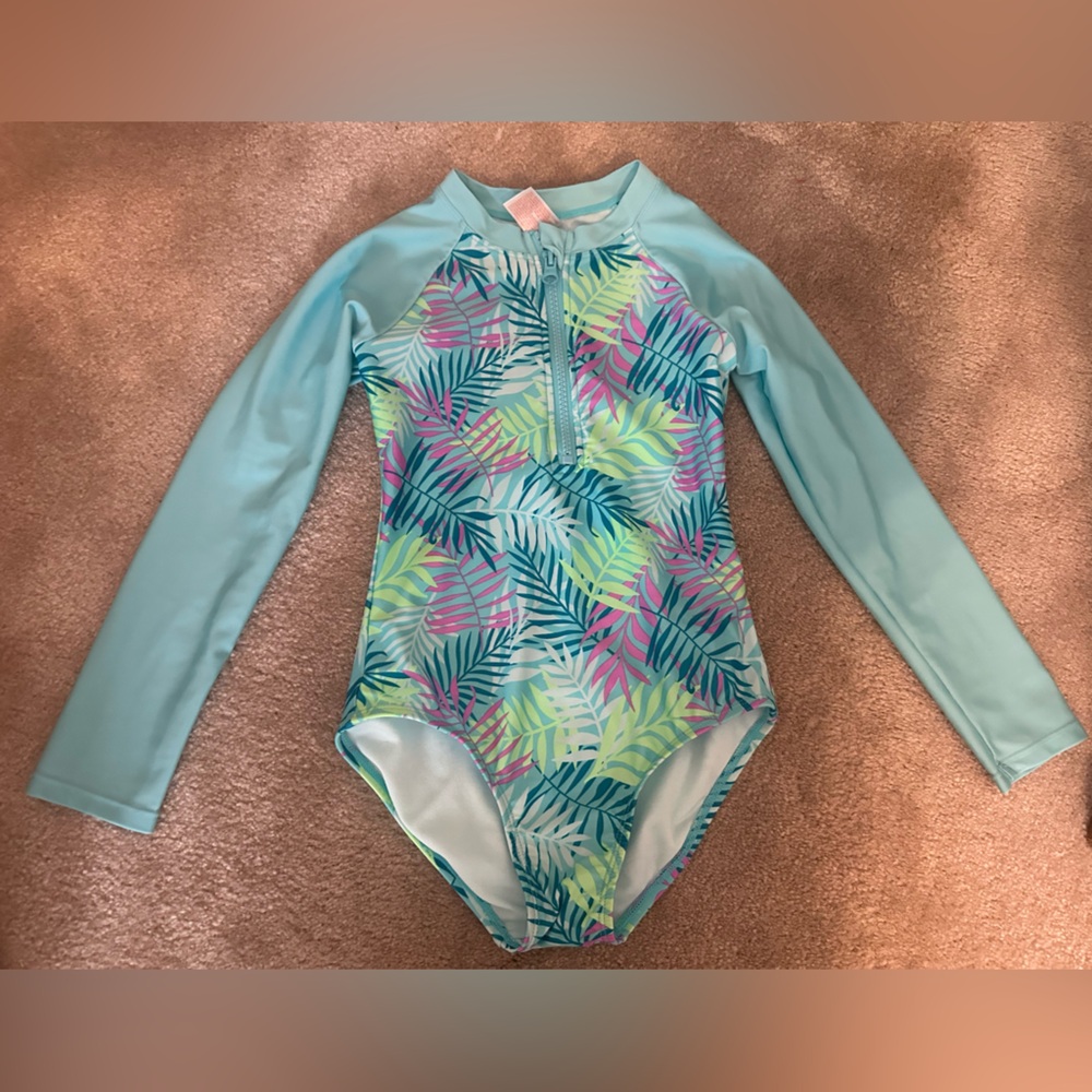 Cat & Jack Girl’s Blue and Green Leaf Print Swimsuit